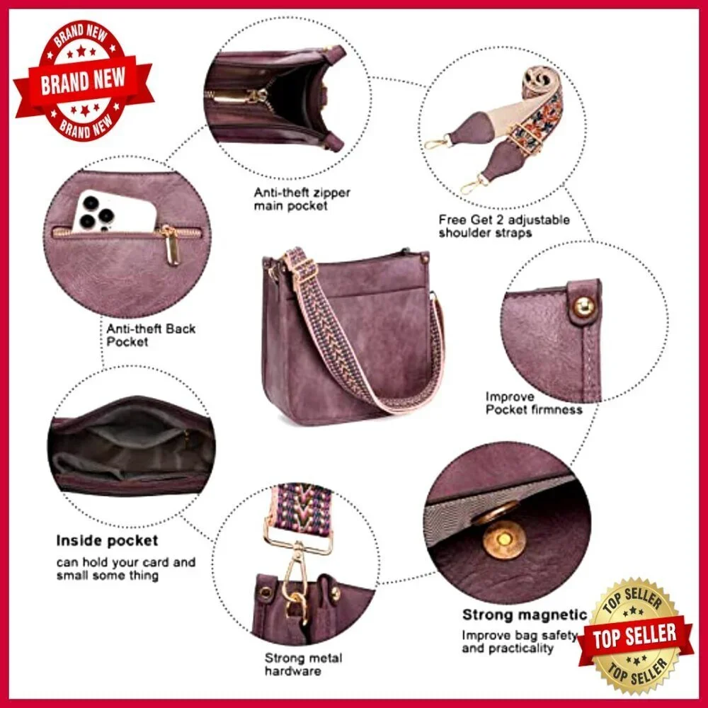 Vegan Leather Hobo Crossbody Bag with Adjustable Guitar Strap